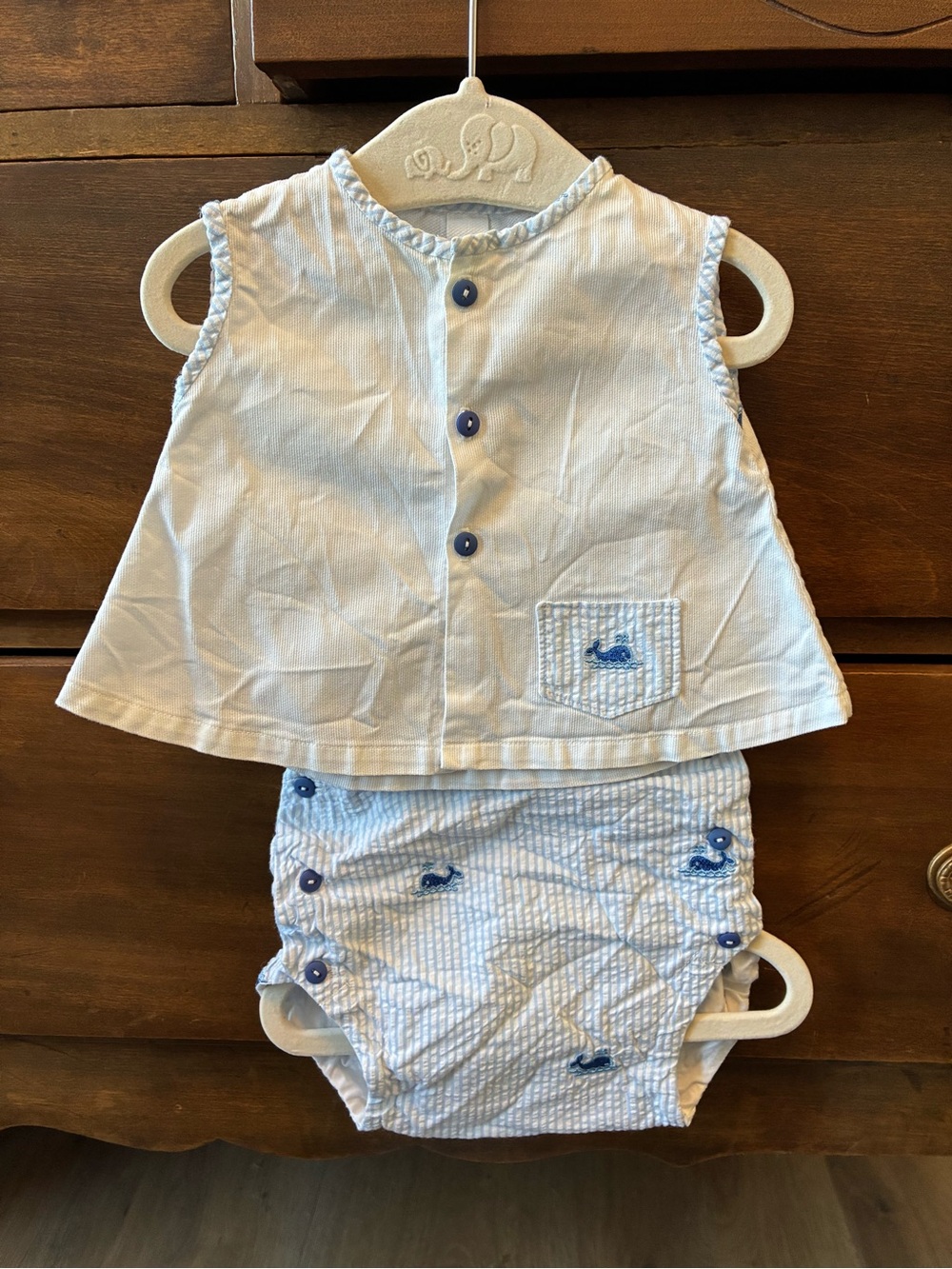 White and Light Blue Baby Two-Piece Top and Diaper Cover Set